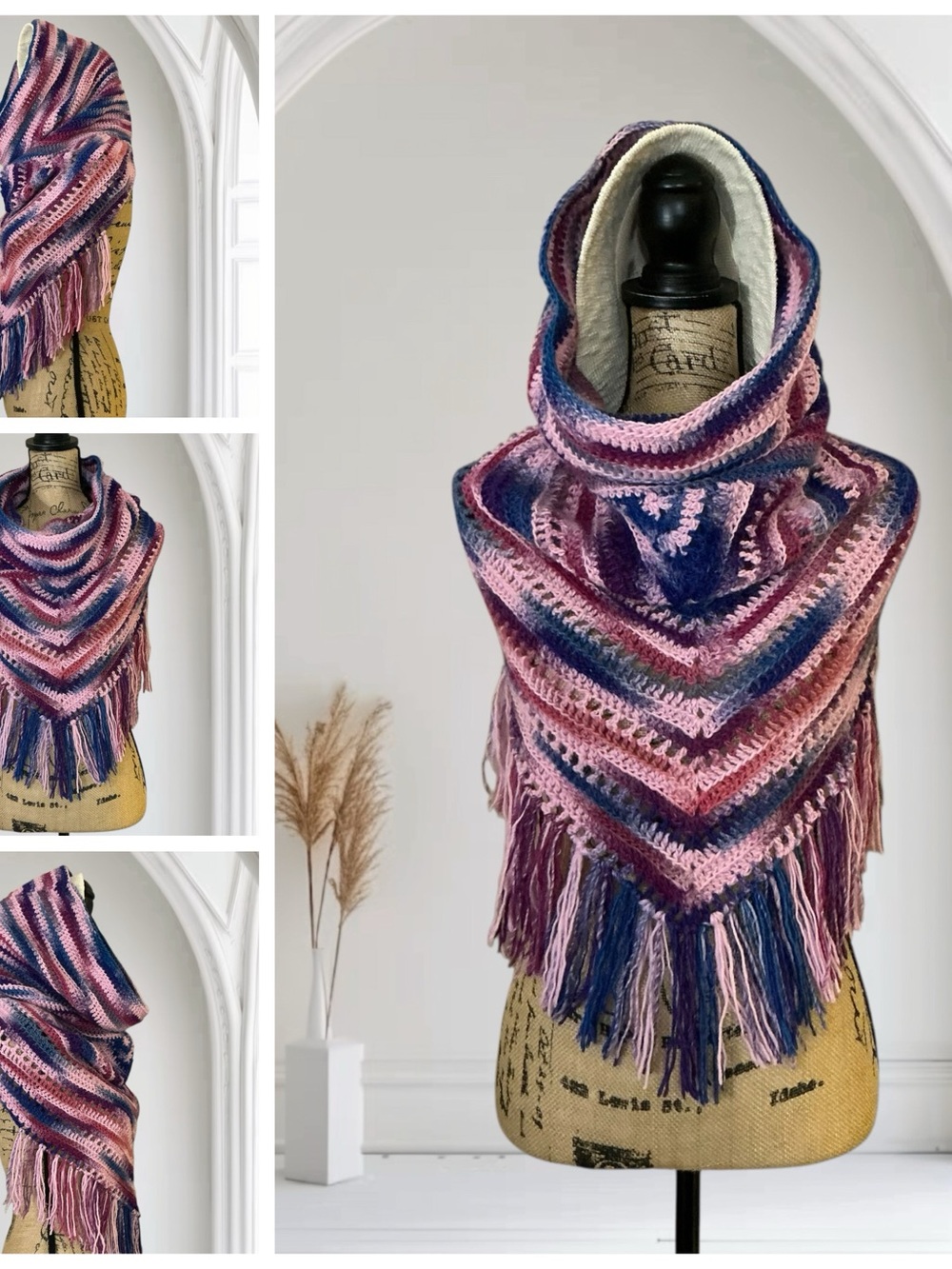 Hand Crafted Crochet Hooded Cowl Scarf With Fringe One Size Adult